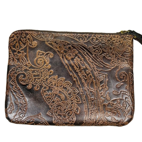Patricia Nash Dark Brown Tooled 100% Leather Cassini Wristlet - Paisley Design - Picture 4 of 13
